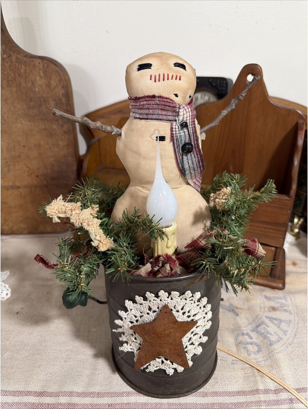 Primitive Christmas Handmade Snowman In Antique Flour Sifter Candle Lamp Country